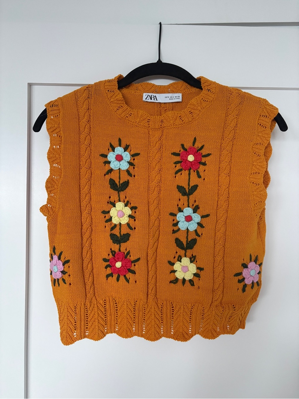Zara Womens Mustard Knit Sleeveless Top with Multicolor Floral Embroidery